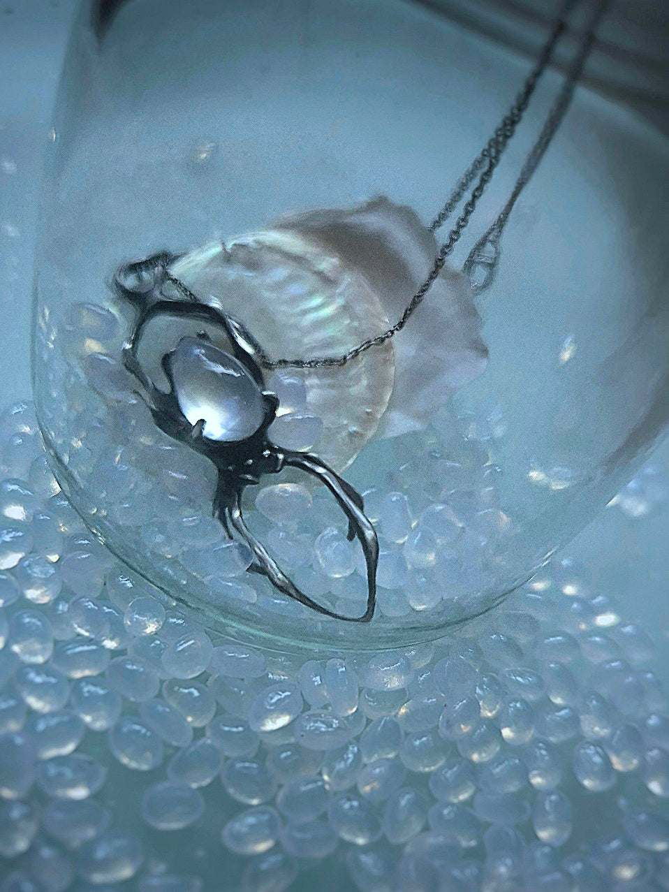 Spider necklace  - Rainbow moonstone gem  - Handmade oxidized jewelry
