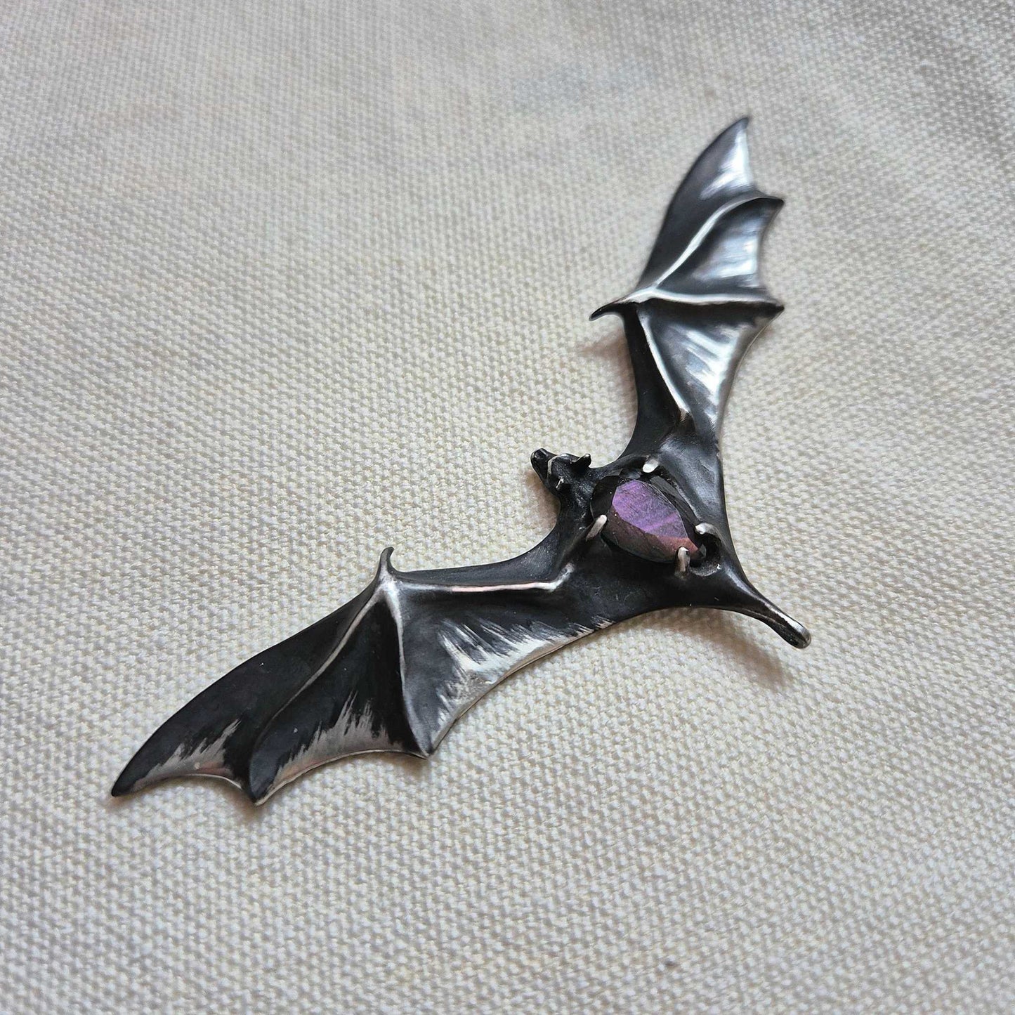 Lavender Bat pendant, Witchy silver talisman