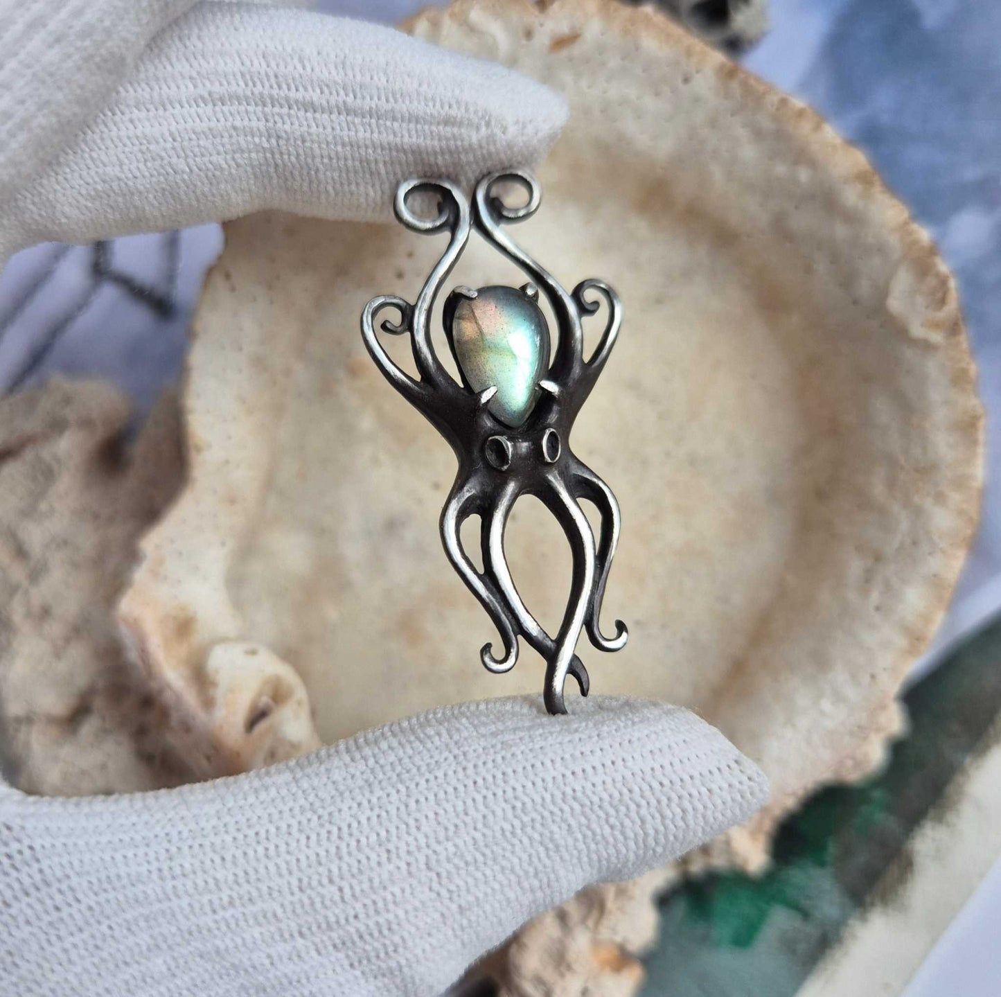 Silver octopus pendant, Mermaid silver jewelry octopus in hand