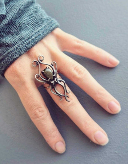 octopus ring in sterling silver - golden obsidian
