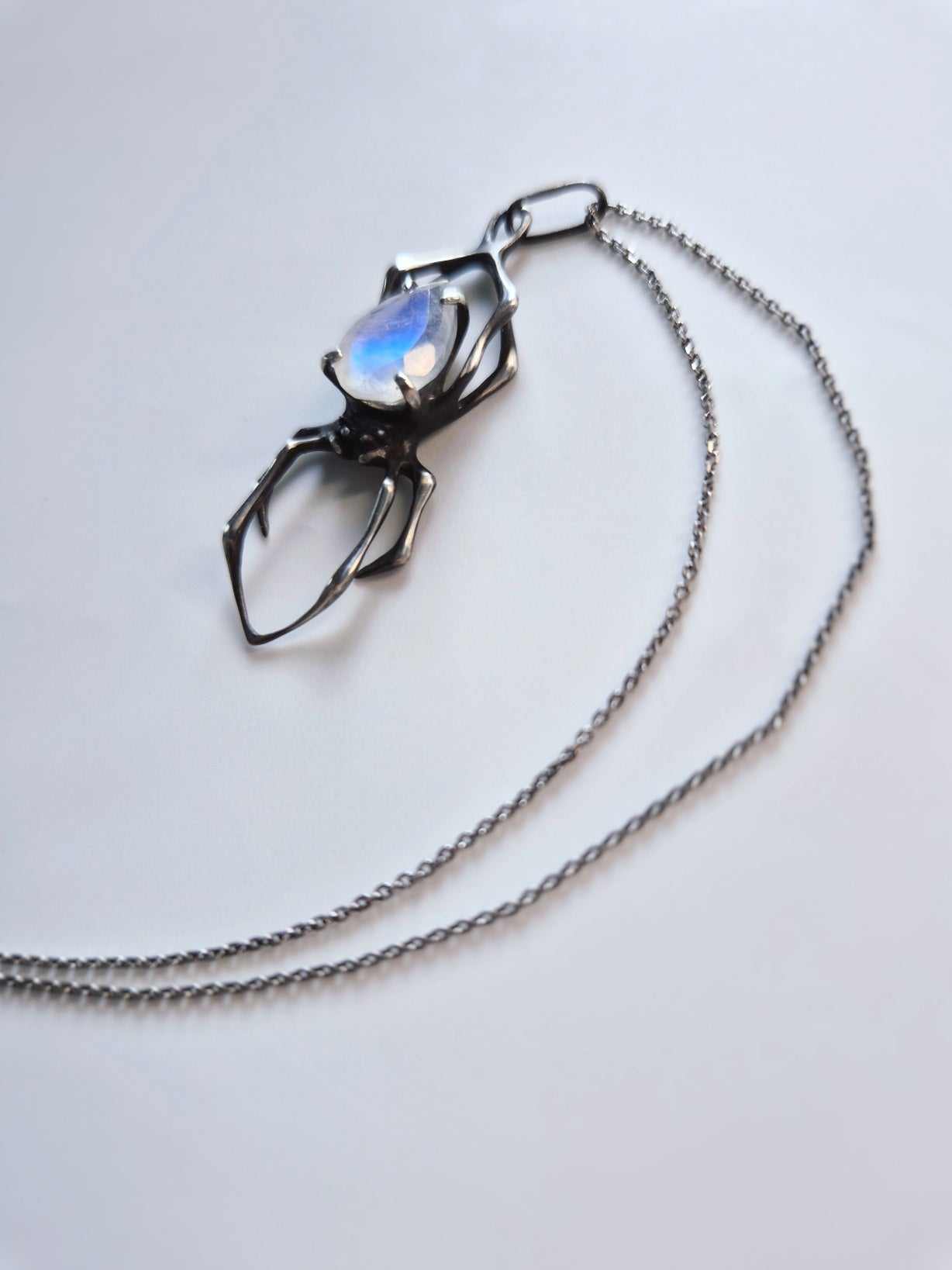 Spider necklace  - Rainbow moonstone gem  - Handmade oxidized jewelry