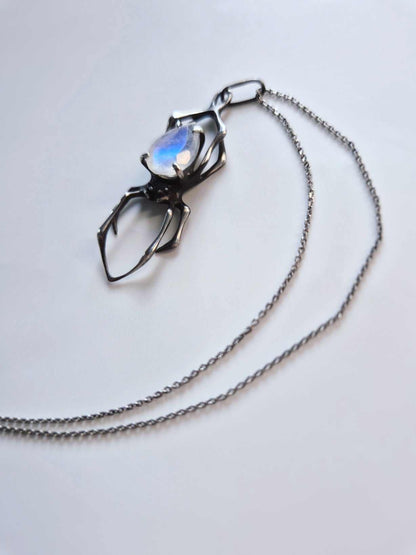 Spider necklace  - Rainbow moonstone gem  - Handmade oxidized jewelry