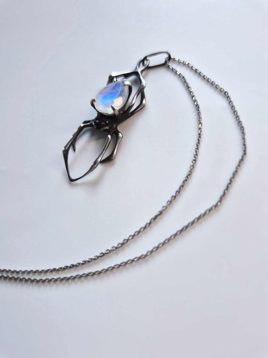 Spider necklace  - Rainbow moonstone gem  - Handmade oxidized jewelry