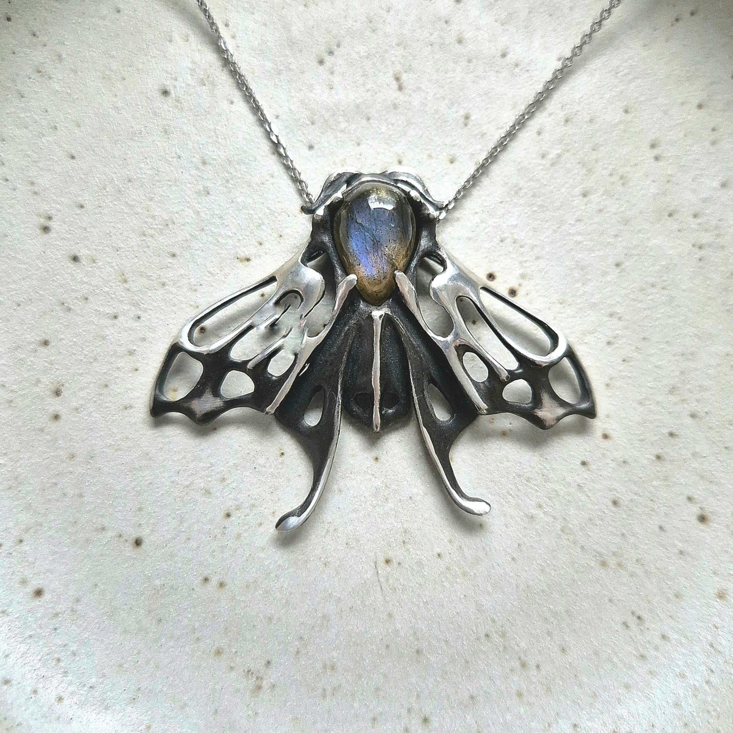 Blue Aurora Moth pendant - Made to Order - with a blue labradorite cabochon gem, silver talisman