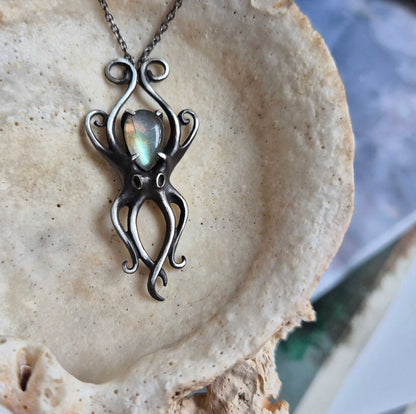 Silver octopus pendant, Mermaid silver jewelry octopus on plate top