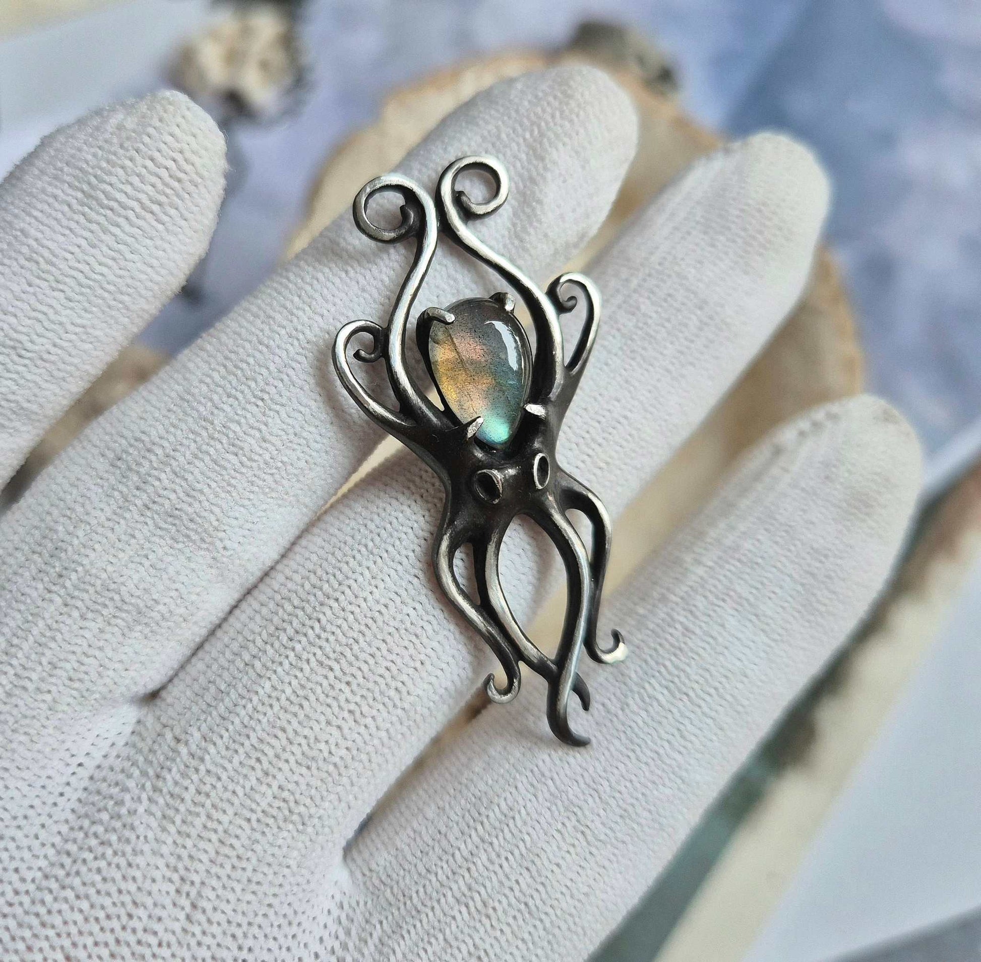 Silver octopus pendant, Mermaid silver jewelry octopus in hands