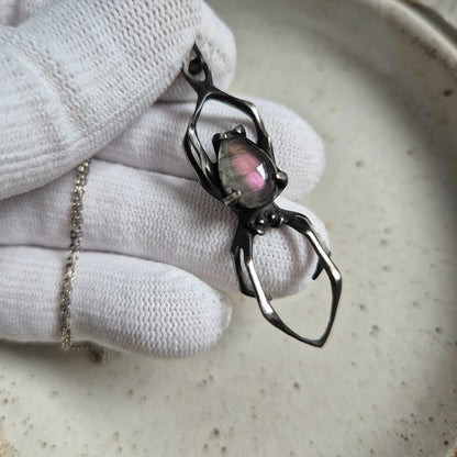 Lavender spider pendant with a purple/lavender labradorite cabochon gem, handmade Witchy silver talisman