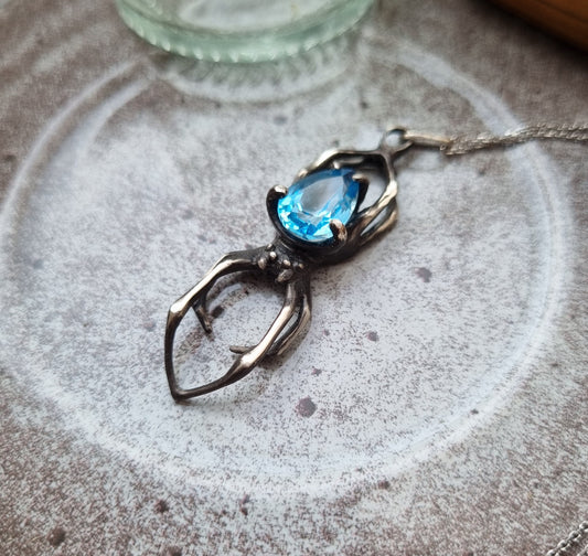 Azure Spider Made to Order pendant with blue faceted topaz gem, Witchy silver talisman